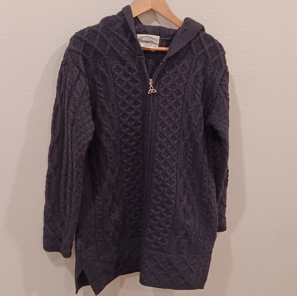 Aran Crafts Hooded Cable-Knit Cardigan in black